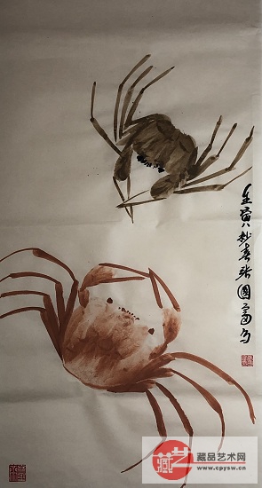 2022年4月17日张国富原创写意作品《螃蟹·和谐游春图》 原版半生半熟仿古宣 规格100X50。.jpg
