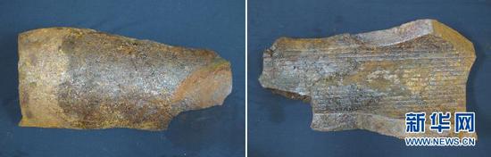 这张拼版照片显示的是打捞发现的210毫米主炮炮管(9月26日摄)。