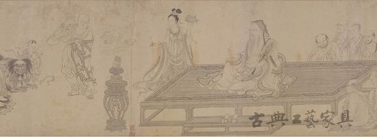 《维摩演教图》中维摩诘安坐焚香讲道的画面。《维摩诘经》是中国佛教极为推崇的经典,著名诗人王维深受其影响,于是改名“维”,字“摩诘”。