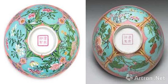 左:“康熙御制”款粉红地珐琅彩开光花卉碗 香港苏富比2018春 嫣绯金炼-奈特典藏珐琅彩碗 HK0797 右:清康熙 瓷胎画珐琅粉红地花卉纹碗 台北故宫博物院藏