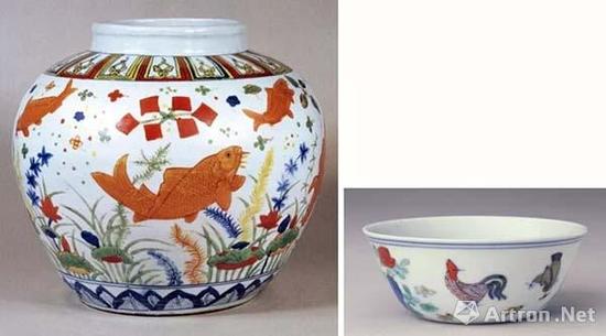 左:明嘉靖 五彩莲池鱼藻纹罐 福冈美术馆藏 右:明成化 斗彩鸡缸杯 北京故宫博物院藏
