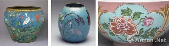 左:明晚期 掐丝珐琅荷塘白鹭图缸 北京故宫博物院藏 中:清早期 铜胎画珐琅蓝地荷花水盛(无款) 台北故宫博物院藏 右:清康熙 瓷胎画珐琅粉红地花卉纹碗 台北故宫博物院藏